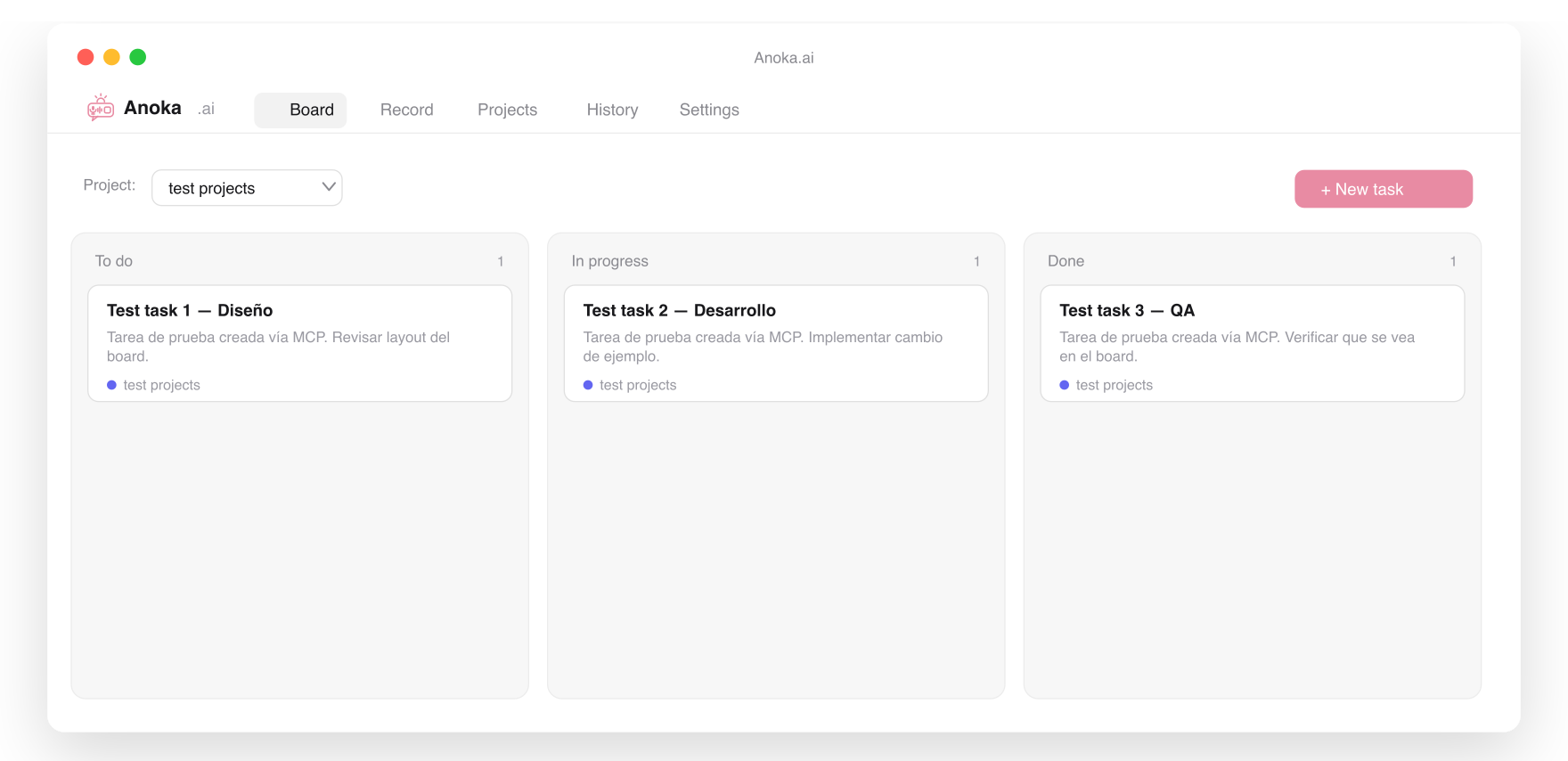 Anoka.ai desktop app showing meeting tasks organized on a kanban board